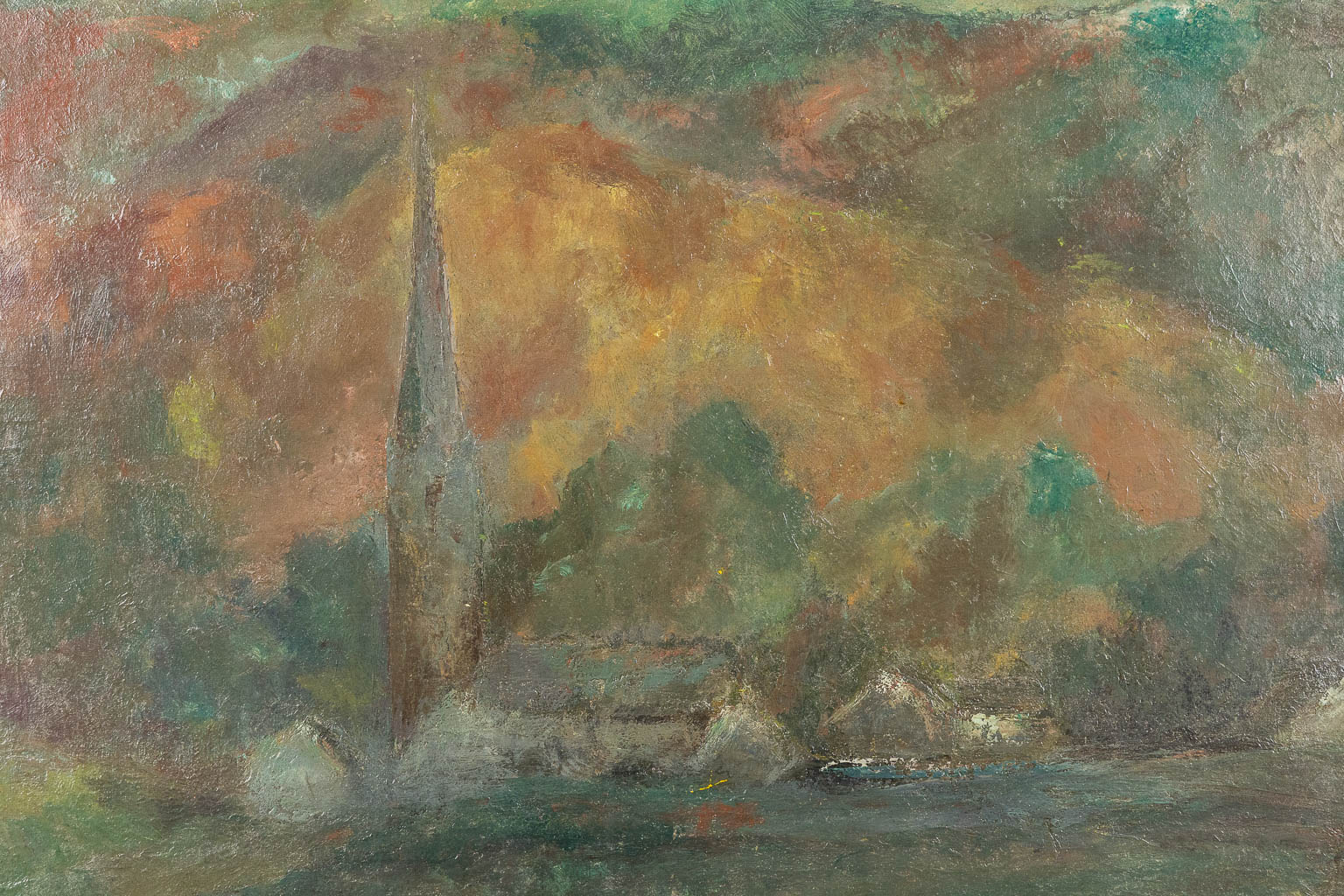 A decorative View on a village, signed J.J. Kat. Oil on canvas.