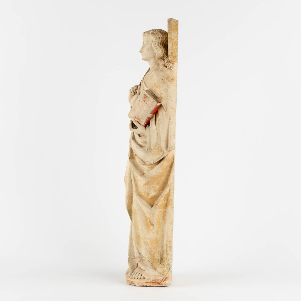 A figurine of Evangelist John, sculptured sandstone. Gothic Revival. (W:23 x H:63 cm)