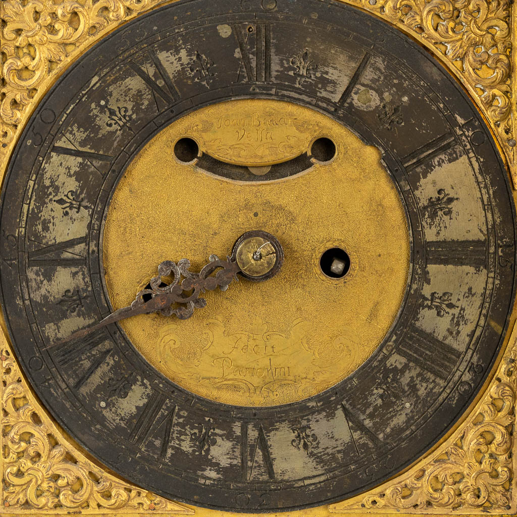 An antique Sicilian mantle clock, mounted with tortoiseshell and gilt bronze. Italy, 18th C. (L:20 x W:36 x H:53 cm)