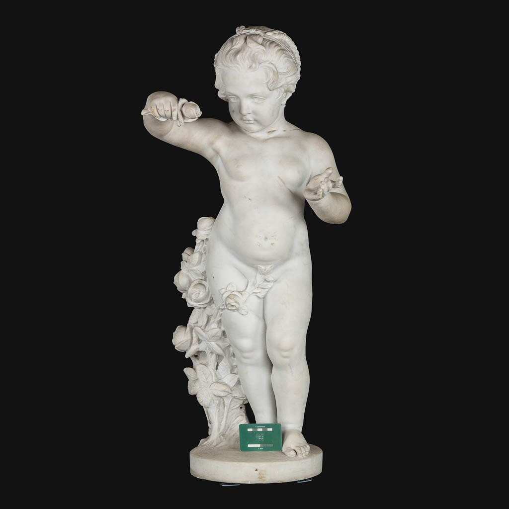 Boy with a rose, a Carrara marble sculpture, signed Vanet. 19th C. (L:35 x W:42 x H:92 cm)