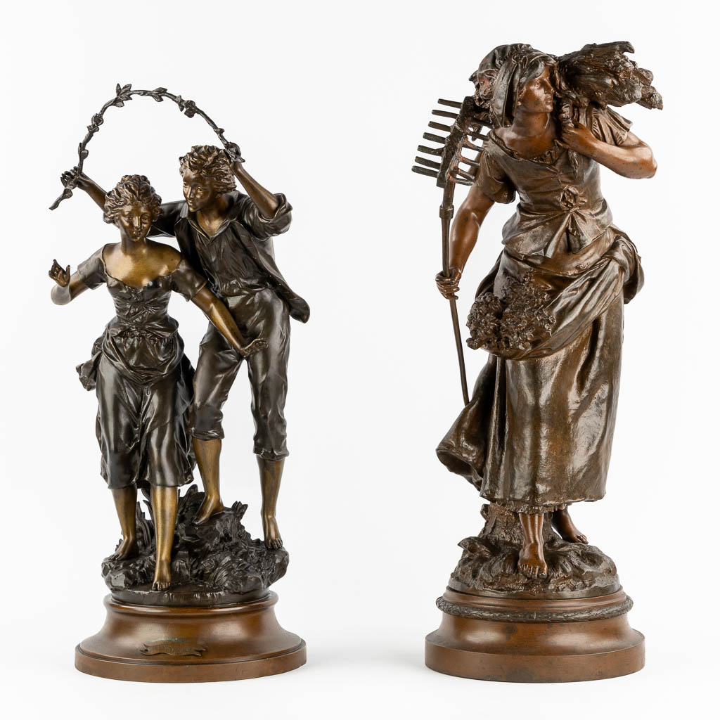 After Auguste Moreau and Rancoulet, two spelter figurines. Circa 1900. (H:68 cm)