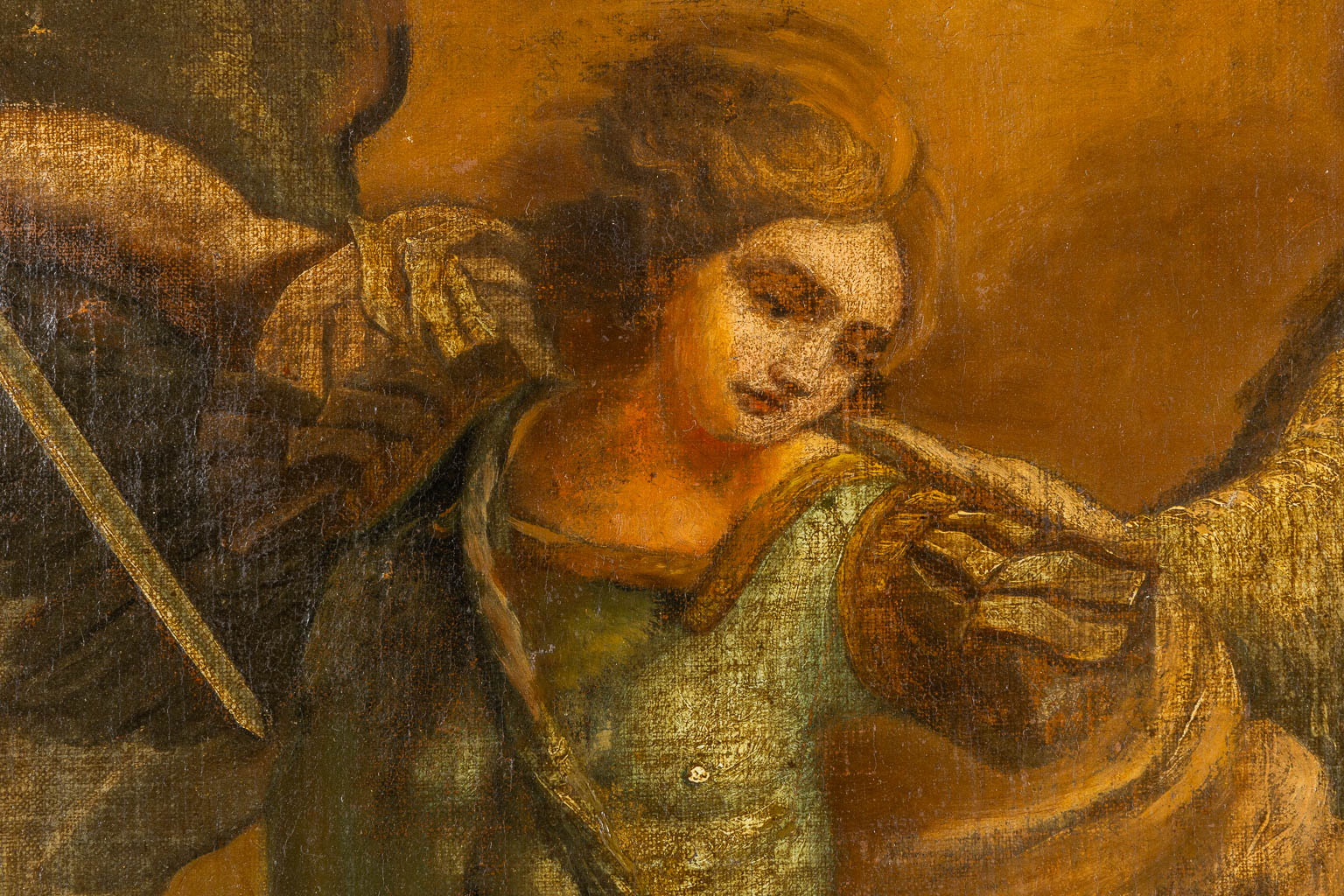 Archangel Michael, an antique painting, oil on canvas. 19th C. (W:63 x H:100 cm)