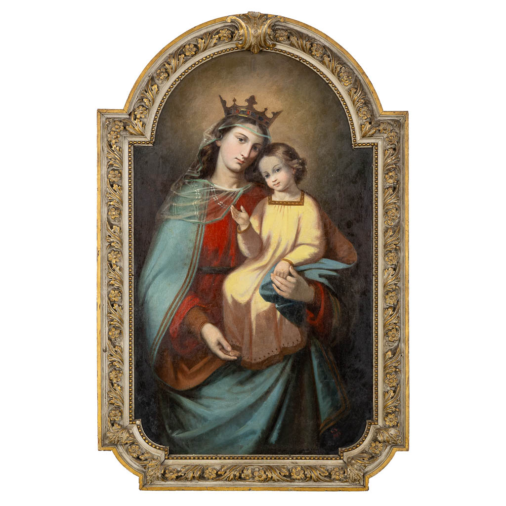 Monogram L.G. Gekroonde Madonna met Kind, olie op doek. 1889. (W:72 x H:122 cm)