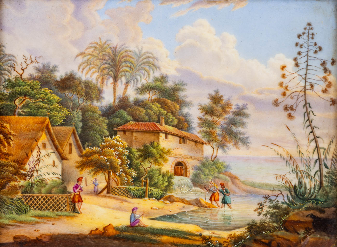 A framed porcelain plaque with a landscape scène. 19th C.