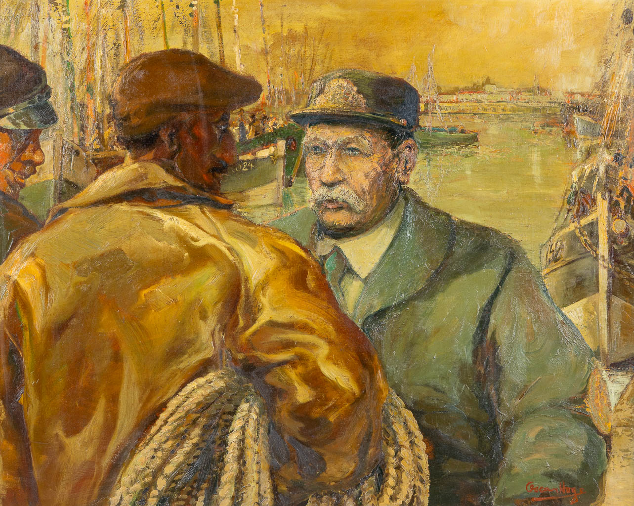 Oscar HOGE (1884-1965) 'Vissers op de kade' olie op doek. (W:100 x H:80 cm)