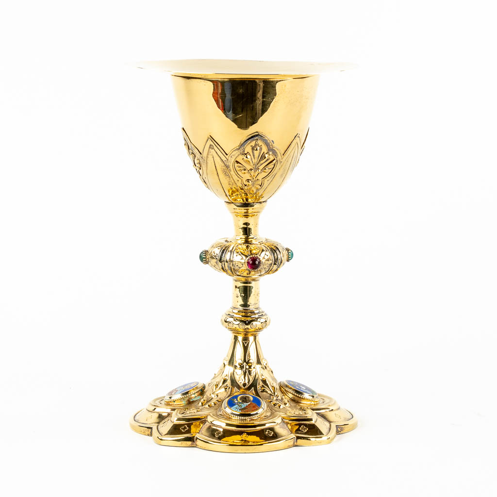 A Gothic Revival Chalice mounted with enamel plaques and cabochons. France. 950/1000.