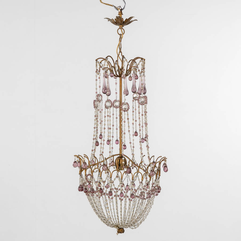 A decorative 'Sac-à-Perles' chandelier with coloured glass. (H:82 x D:35 cm)