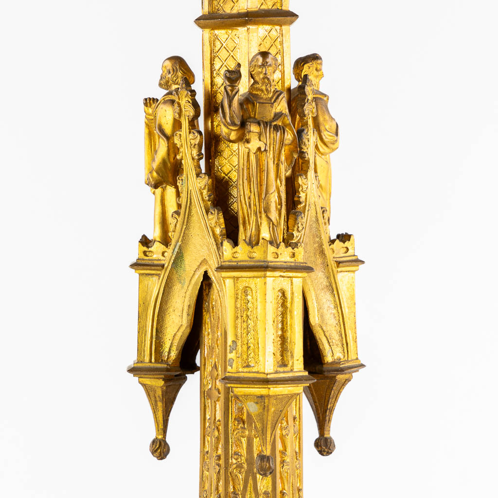 An antique church candelabra, gilt bronze, Gothic Revival. (H:93 cm)