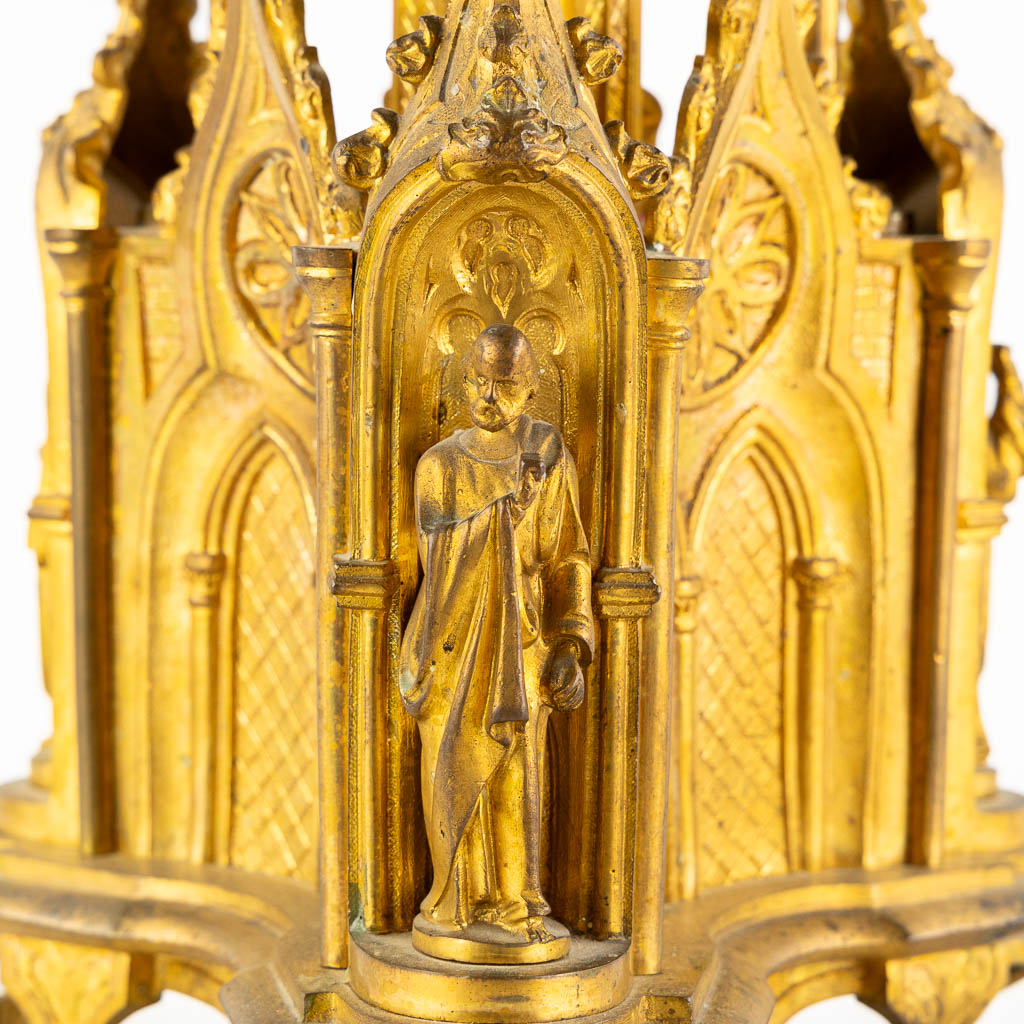 An antique church candelabra, gilt bronze, Gothic Revival. (H:93 cm)