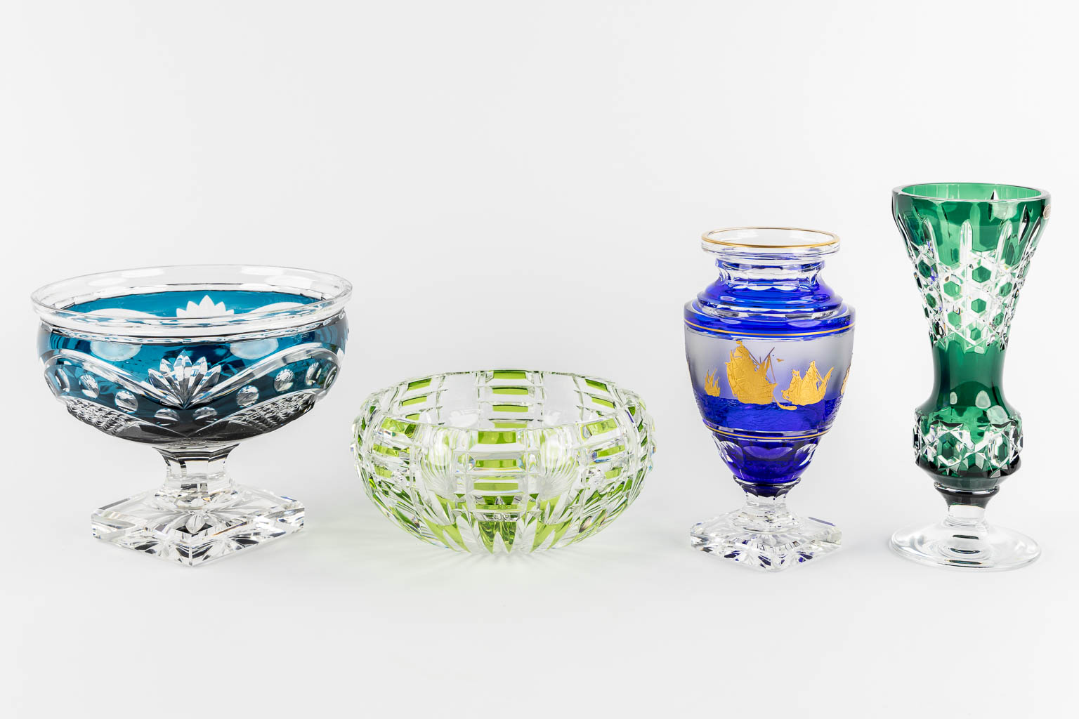 Val Saint Lambert, a coupe, Hubert Lega, and two vases, added Val Diffusion a bowl. 