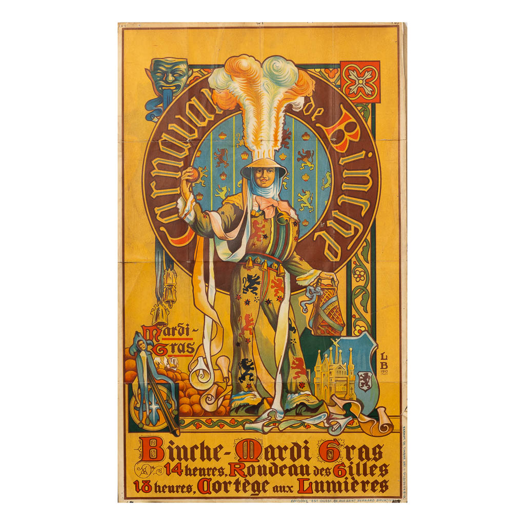 Louis BUISSERET (1888-1956) 'Binche, Mardi Gras, Carnaval' - 1910. Een originele poster. (W:59,5 x H:99 cm)