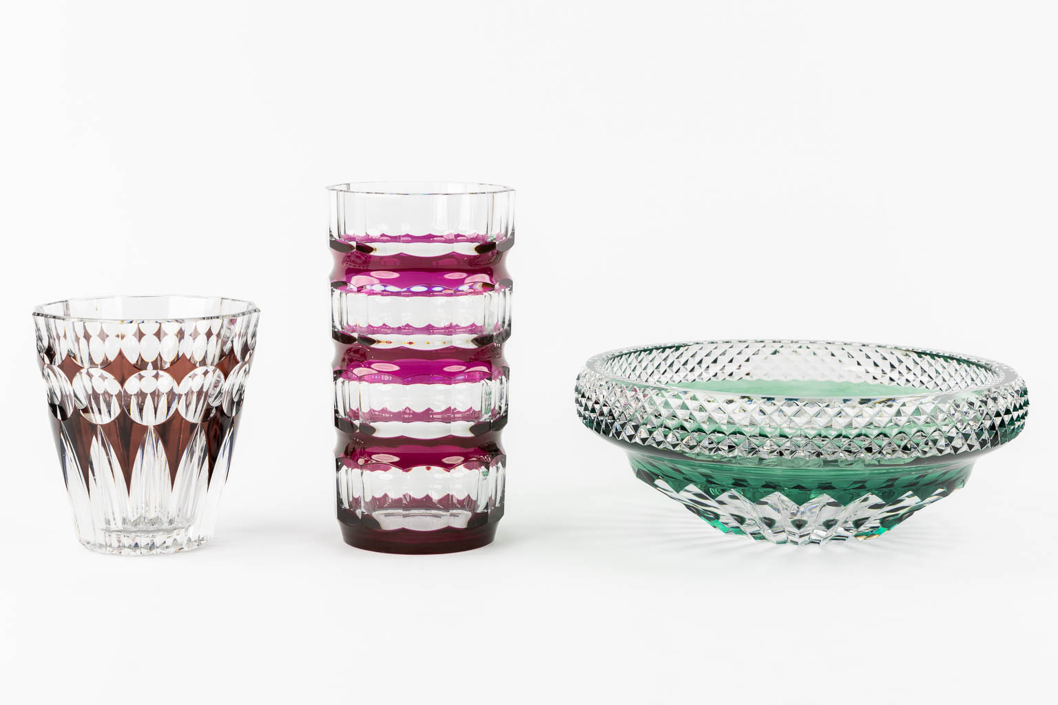 Val Saint Lambert, two vases and a bowl. Cut and coloured crystal.