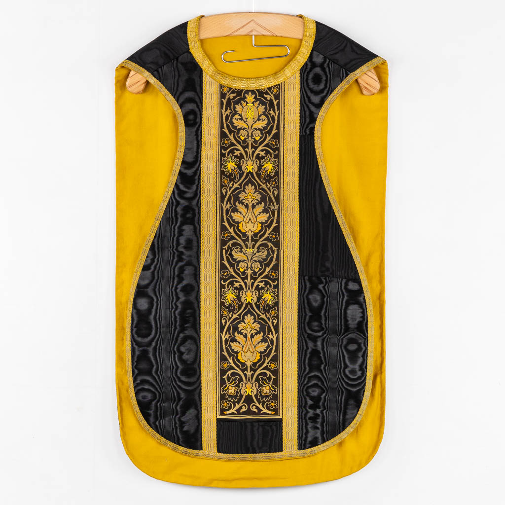 A Cope, Roman Chasuble, Dalmatic and Stola/Maniple, thick gold thread embroideries. 