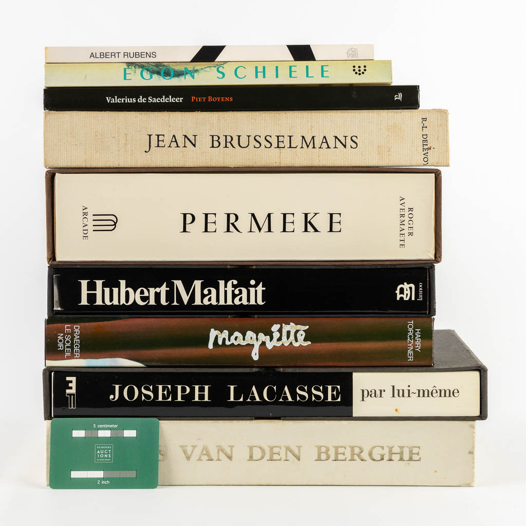 A collection of 9 art books, Permeke Malfait, Magritte, Egon Schiele, Frits Van Den Berghe. 