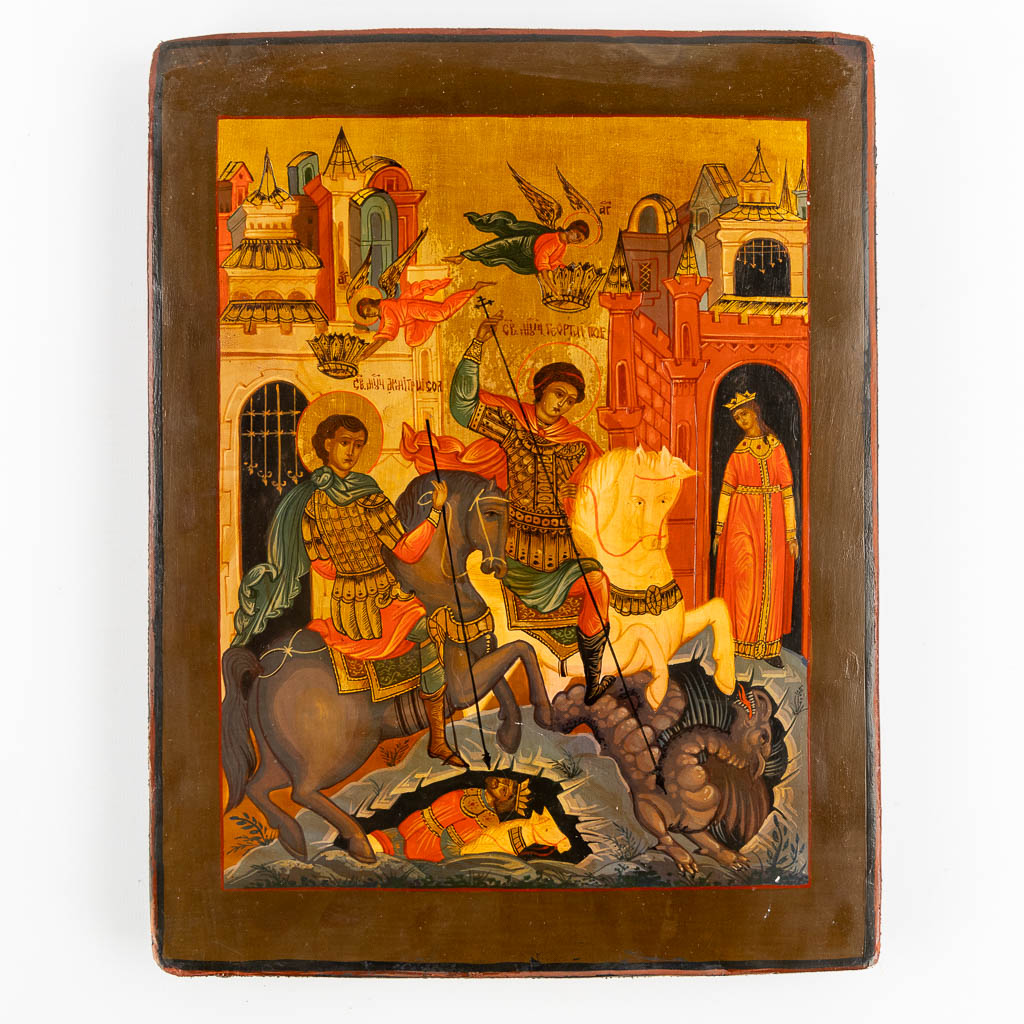 An antique Russian Icon, Saint George and Demetrius, 20th C. (W:25,5 x H:32,5 cm)