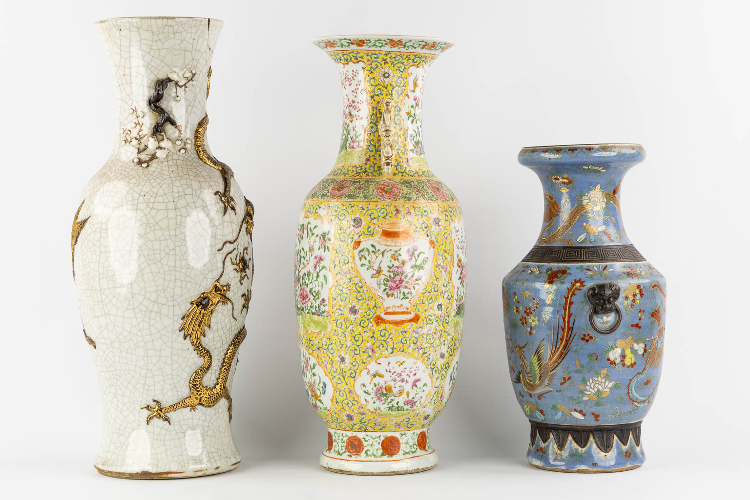 Three Asian vases, Chinese and Japanese, stoneware and porcelain. (H:62 cm)