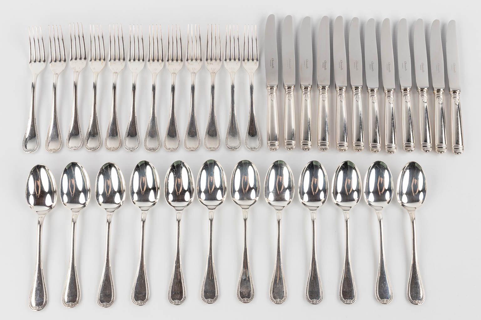 Christofle, Malmaison, 191-piece silver-plated cutlery with original cardboard boxes.