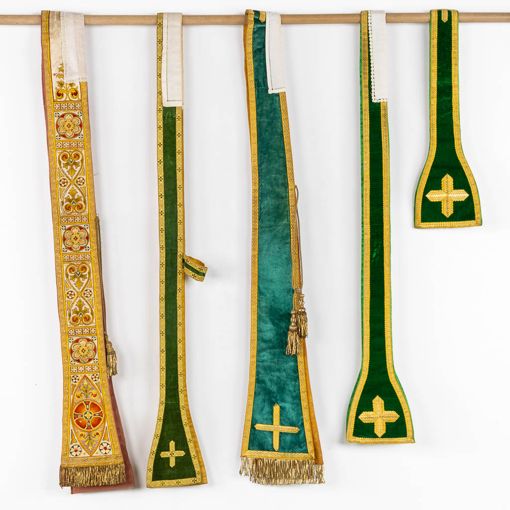 A set of Dalmatics and a Roman Chasuble, added a Chasuble and stola, maniple. Embroideries. Made around 1910.  Church use.