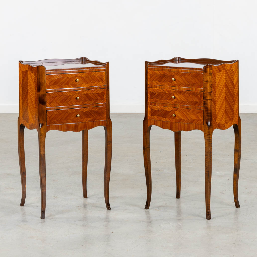 A pair of nightstands, marquetry inlay, circa 1980. (L:33 x W:39 x H:75 cm)