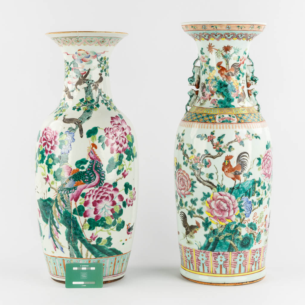 Two Chinese Famille Rose vases with double decors:  Chicken decor, and Phoenixes/Fauna & Flora.. 