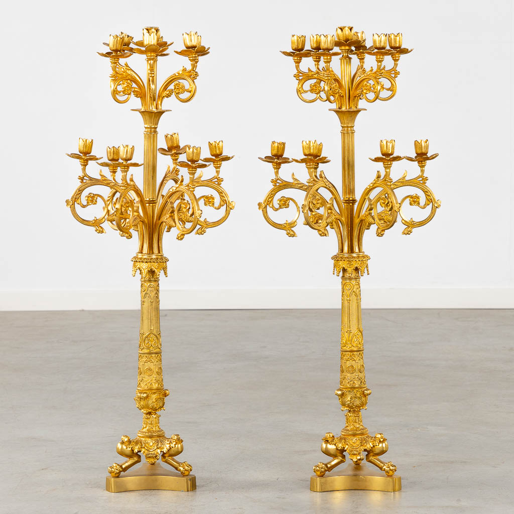 A pair of large candelabra, gilt bronze in Louis XVI style. 19th C. (H:95 x D:37 cm)
