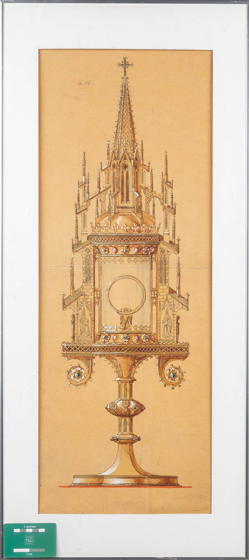 A large Tower Monstrance, gilt brass in a gothic revival style. Probably  Bourdon, Ghent. 20ste eeuw. (L:20 x W:26 x H:72 cm)