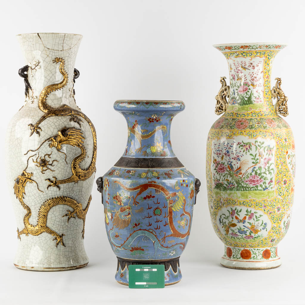 Three Asian vases, Chinese and Japanese, stoneware and porcelain. (H:62 cm)