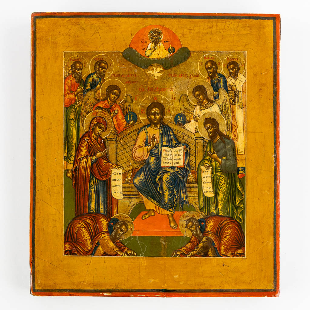 An antique Russian Icon 'Extended Deisis with chosen saints', 19th C. (W:27,5 x H:31,5 cm)