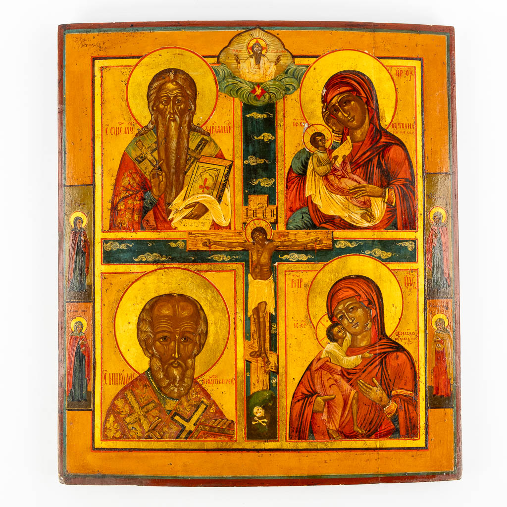 A large Multipe scènes Icon with Crucifixion, Mother God, Saints. 19th C. (W:44 x H:50,5 cm)