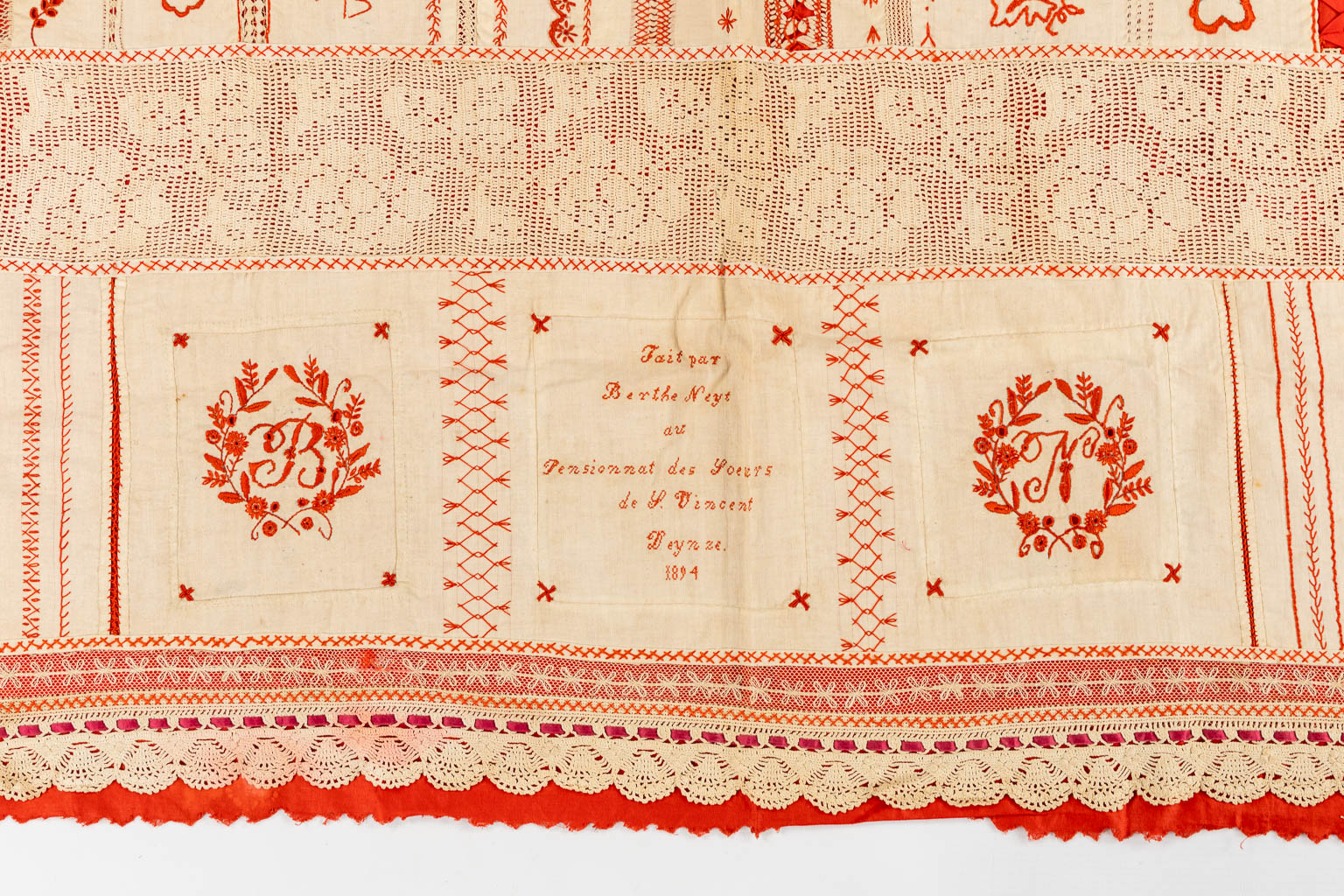 A samplework with lace, knitting and embroideries. 1894. (W:95 x H:188 cm)