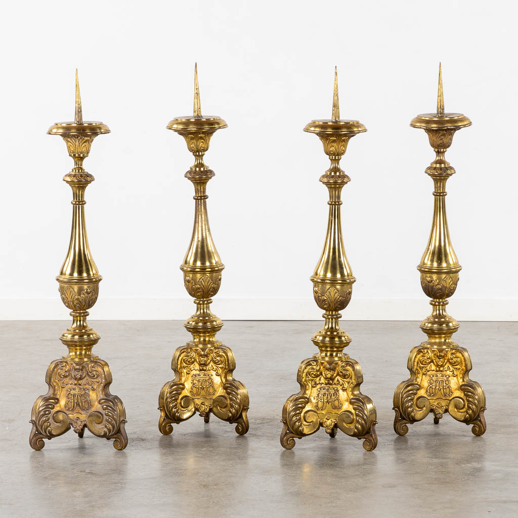 A set of four Baroque style Chruch Candlesticks, Ave Maria, Brass. (H:90 cm)