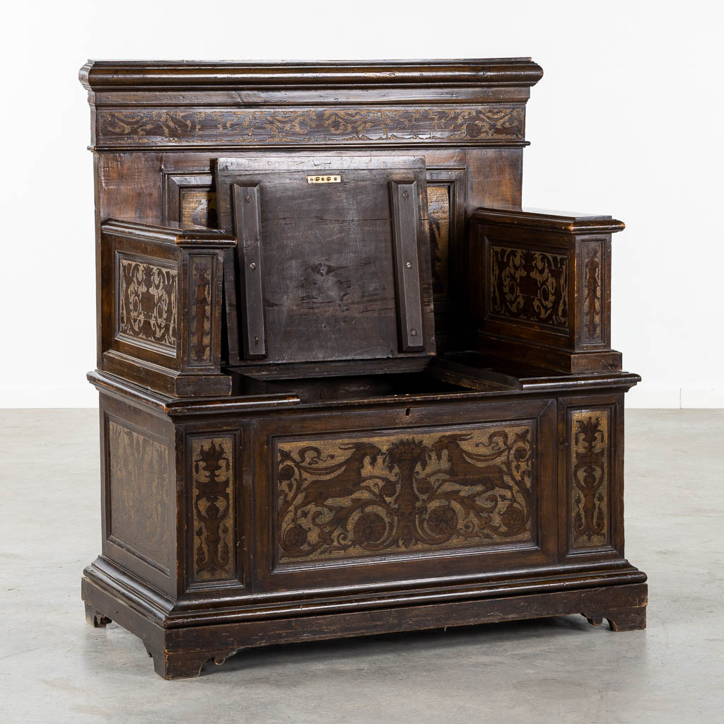 A hall-bench, Austria or Italian Renaissance, 19th C. . (L:54 x W:100 x H:114 cm)