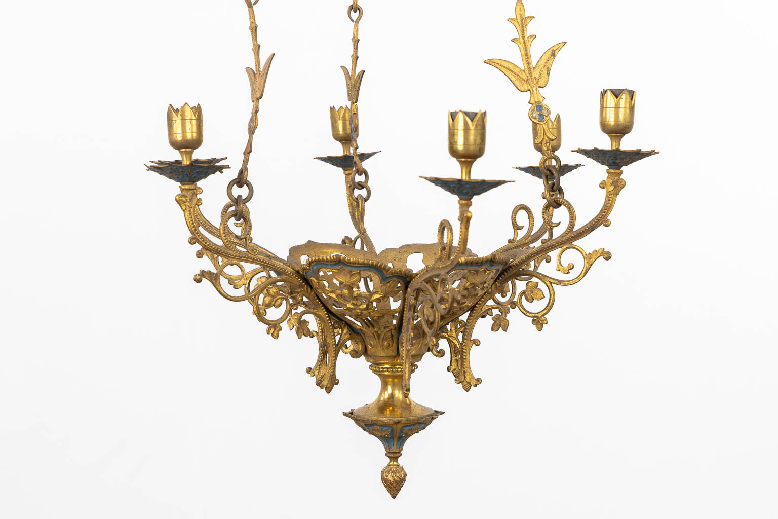 A pair of candle chandeliers, brass with enamel, Gothic Revival. (H:103 x D:42 cm)