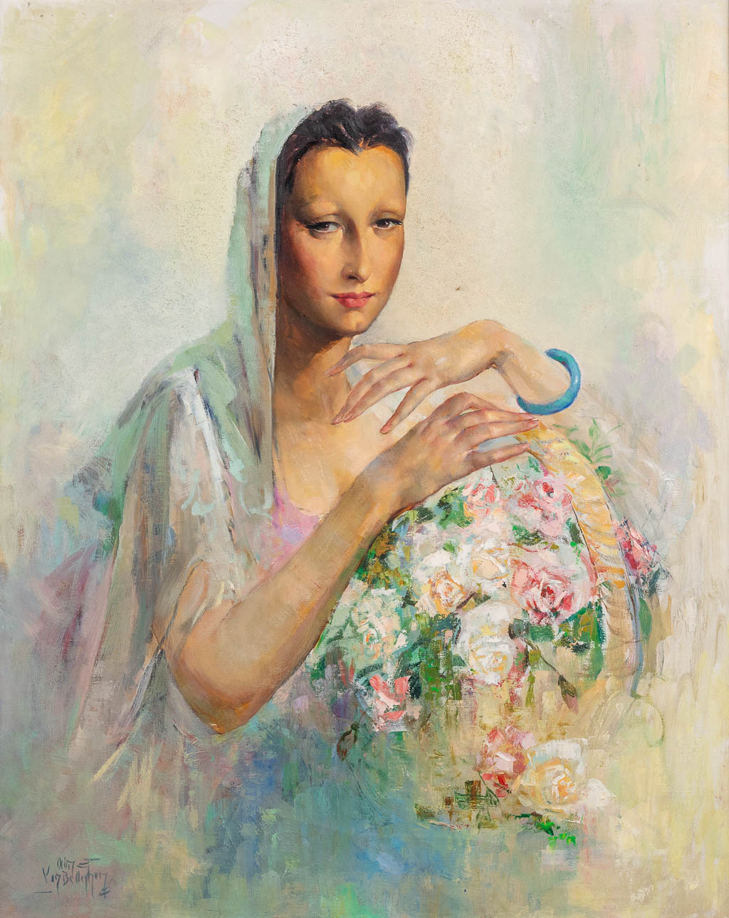 Aimé VAN BELLEGHEM (1922-1996) 'Lady with flowers' oil on canvas. (W: 80 x H: 100 cm)