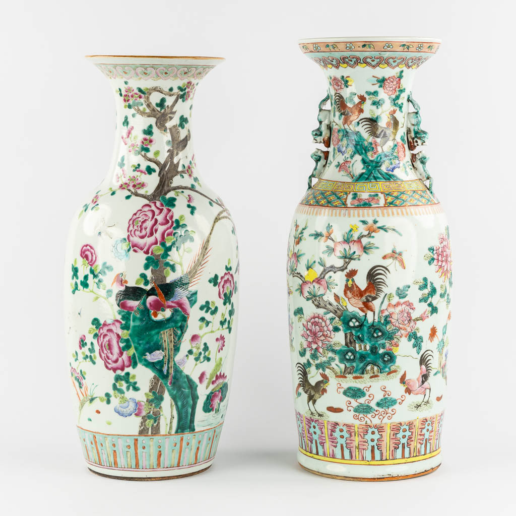 Two Chinese Famille Rose vases with double decors:  Chicken decor, and Phoenixes/Fauna & Flora.. 