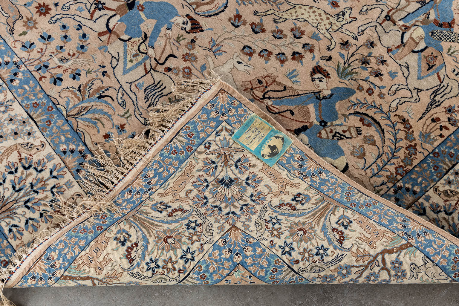 An Oriental hand-made carpet with a figurative decor, Silk, Nahin.  (W:147 x H:240 cm)