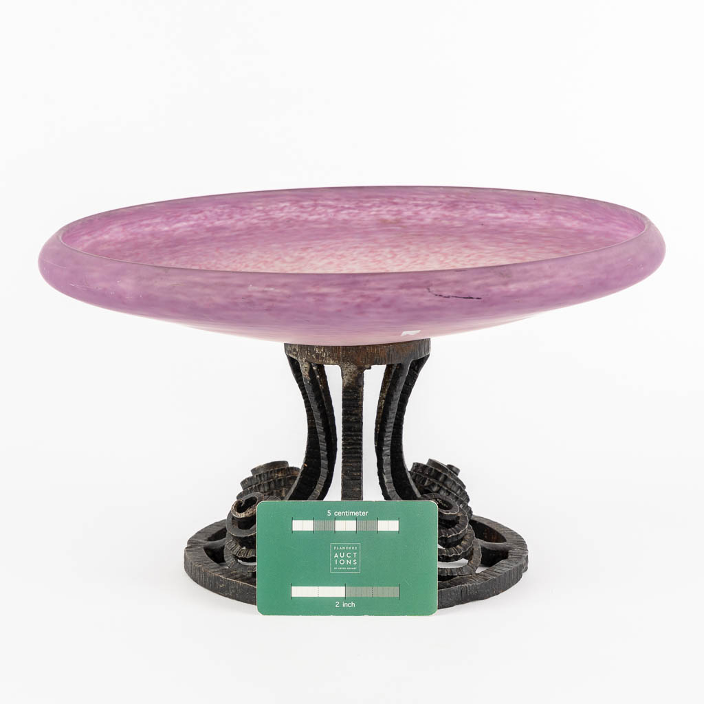 Schneider, a pate-de-verre bowl mounted on a wrought iron base. (H:17 x D:31 cm)