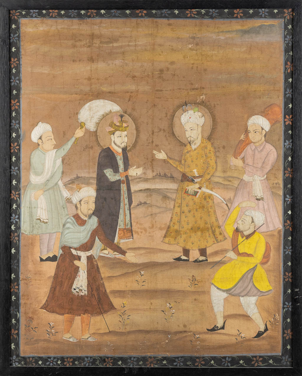 Twee decoratieve Oosterse schilderijen, India en Mughal, Mixed media op doek, 18de/19de eeuw. (W:85 x H:114 cm)