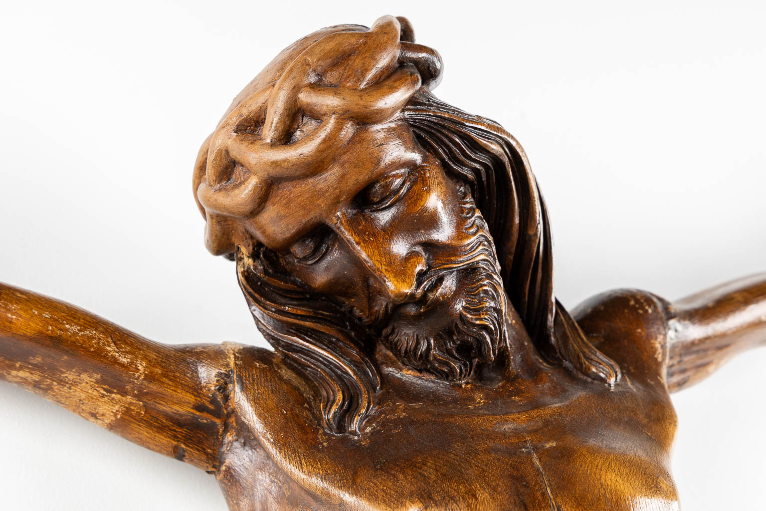 A large, wood-sculptured Corpus Christi, 19th C. (W:102 x H:115 cm)