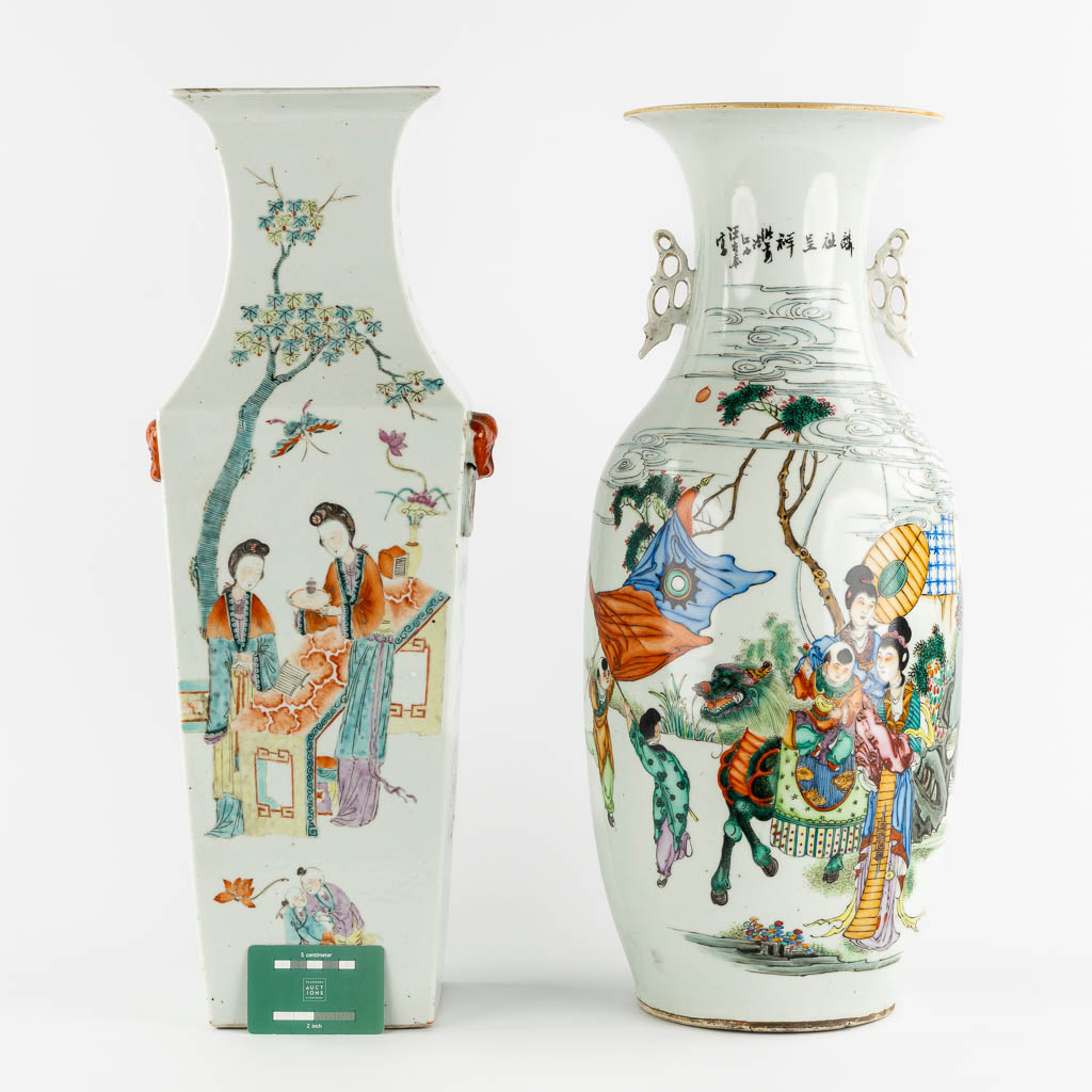 Two Chinese vases with ladies decor, square and round. (L:19 x W:22 x H:59 cm)