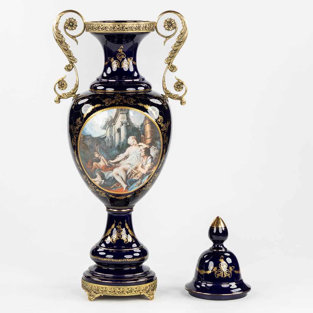 A decorative cobalt blue vase mounted with bronze, in the style of Sèvres. 20th C. (L:30 x W:42 x H:110 cm)