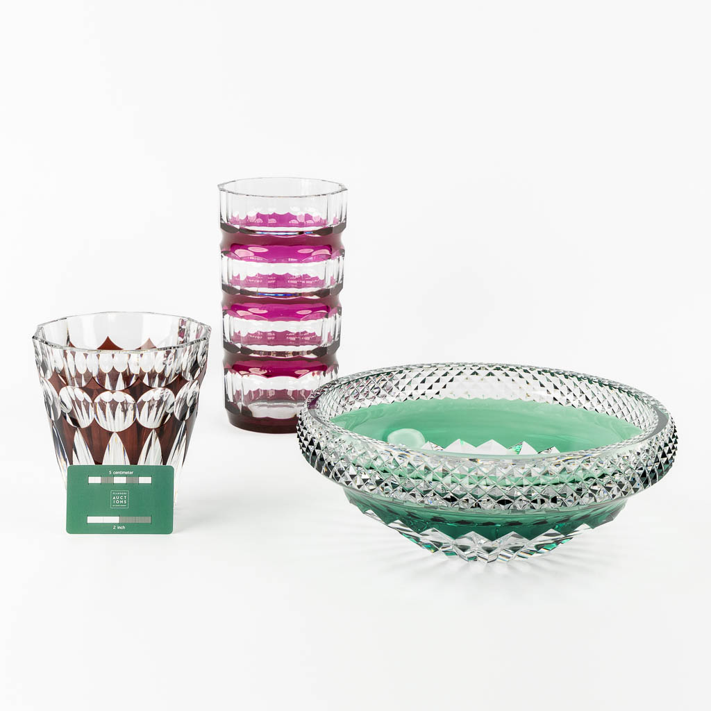 Val Saint Lambert, two vases and a bowl. Cut and coloured crystal.