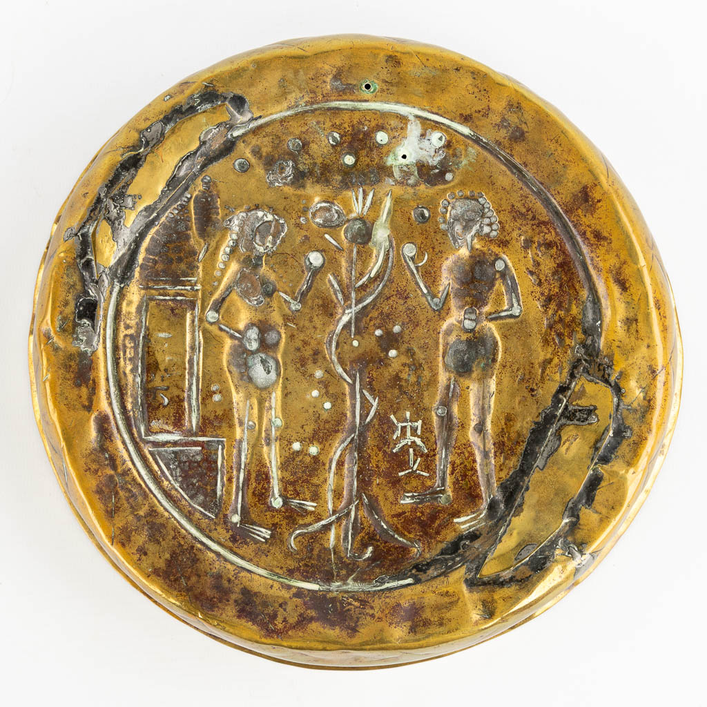 An antique Baptismal bowl, brass depicting 