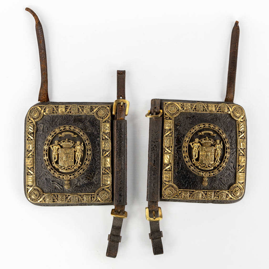 A pair of horse Blinkers, bronze on leather, Family Crest "Van de Werve de Schelde". 