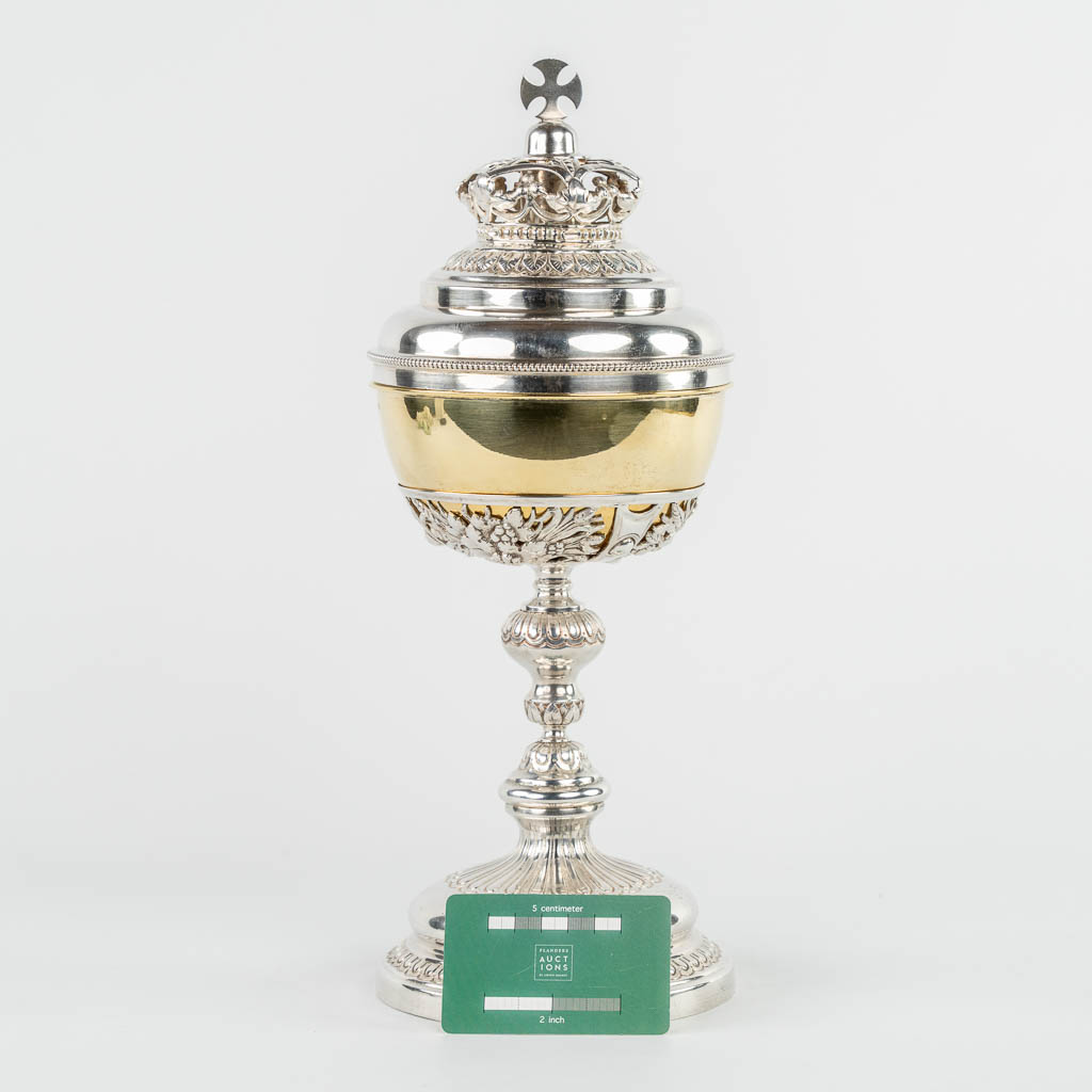 A silver-plated brass ciboria with gold-plated cuppa, and a crowned lid. (c.1900)