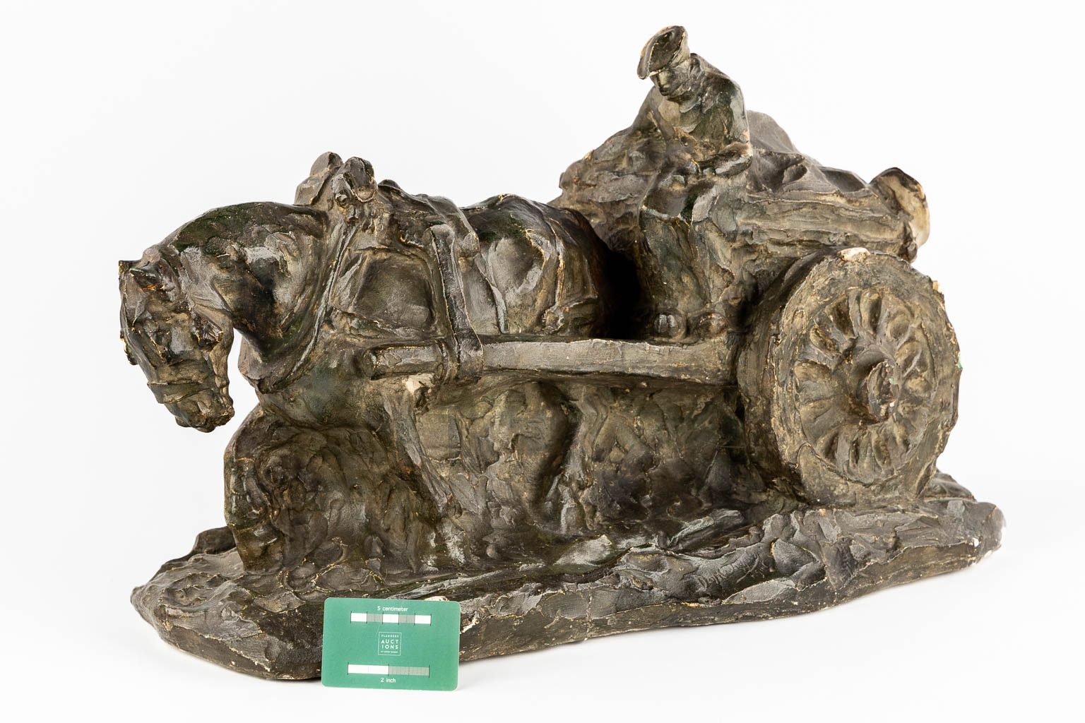 Domien INGELS (1881-1946) 'Horse Drawn Carriage' Patinated plaster. 