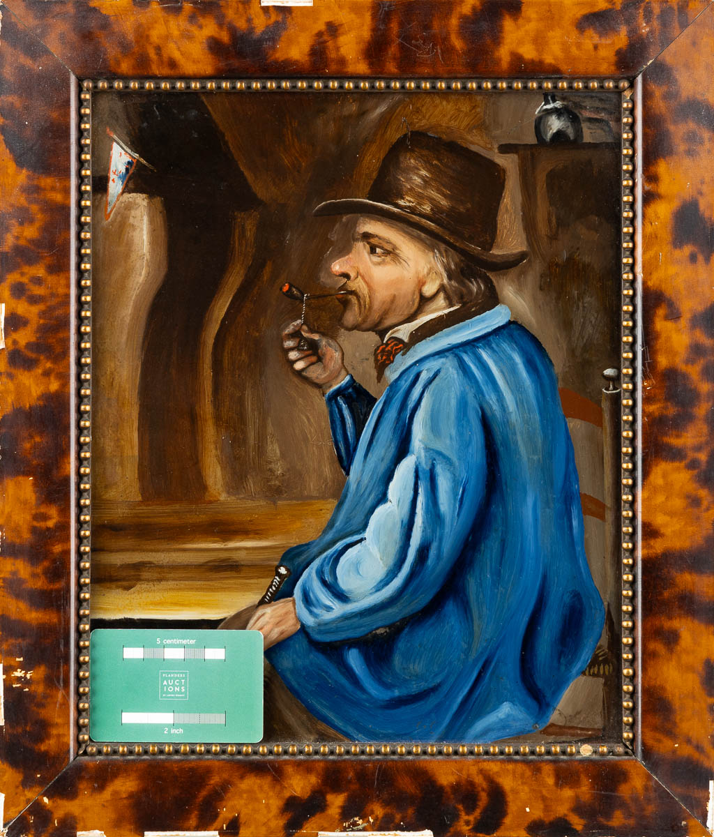 A reverse glass painting of a smoker and a ferret, Eglomisé. 19th C. (W:35 x H:41 cm)