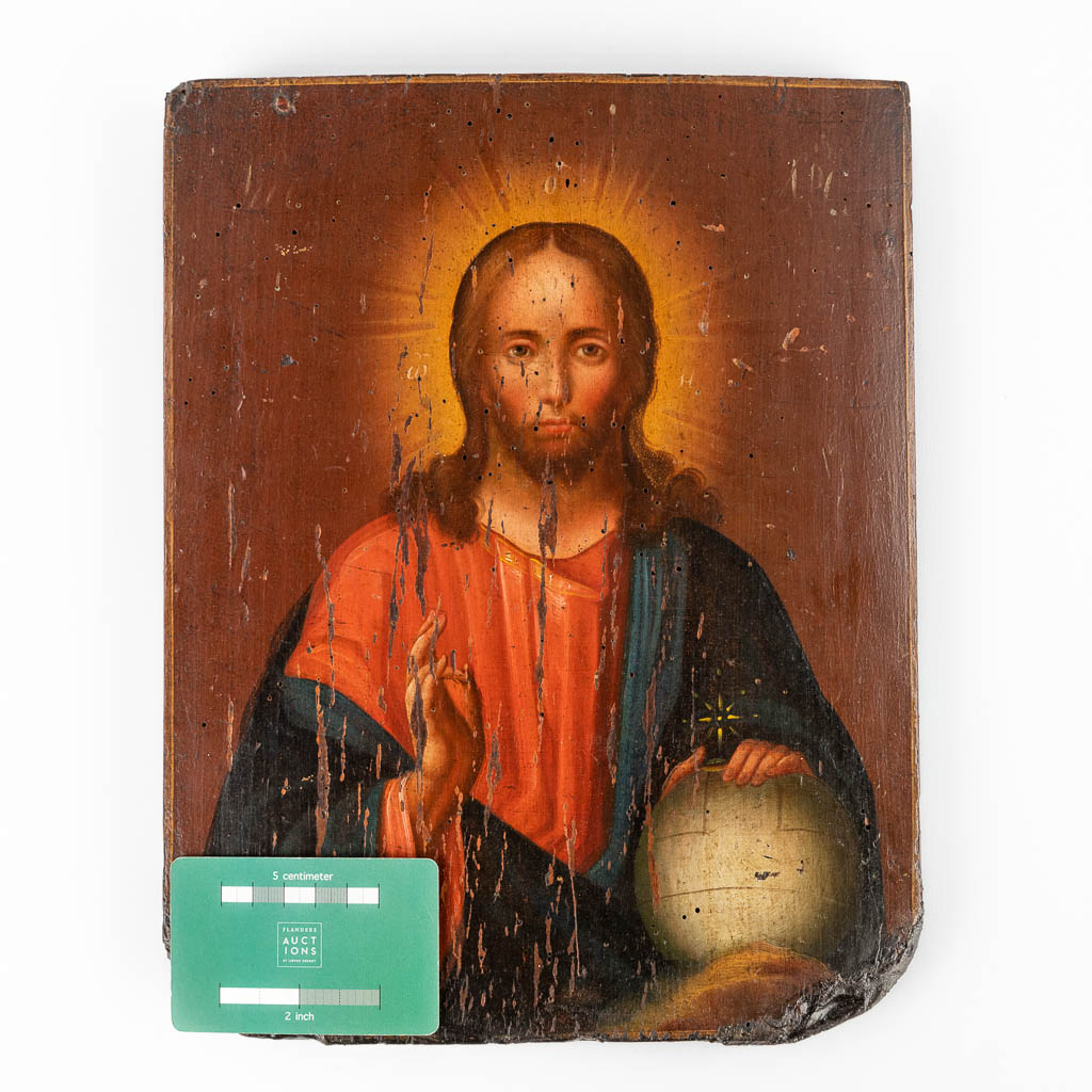 An antique Eastern European icon with an image of Salvator Mundi. 19th C. (W:24,5 x H:31 cm)