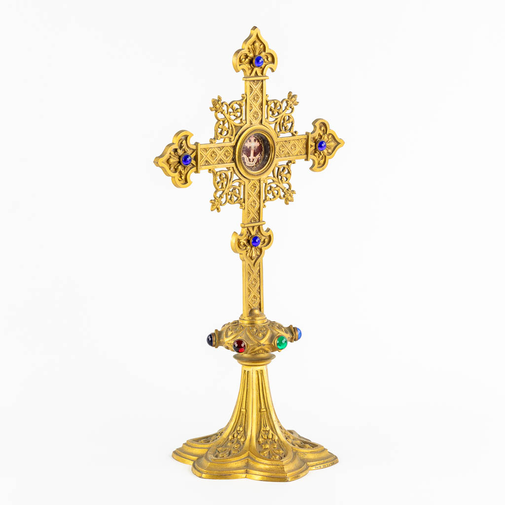 A richly decorated reliquary crucifix, De Ligno Cruxis, True cross of Jesus Christ, 1892. (W:24 x H:42 cm)