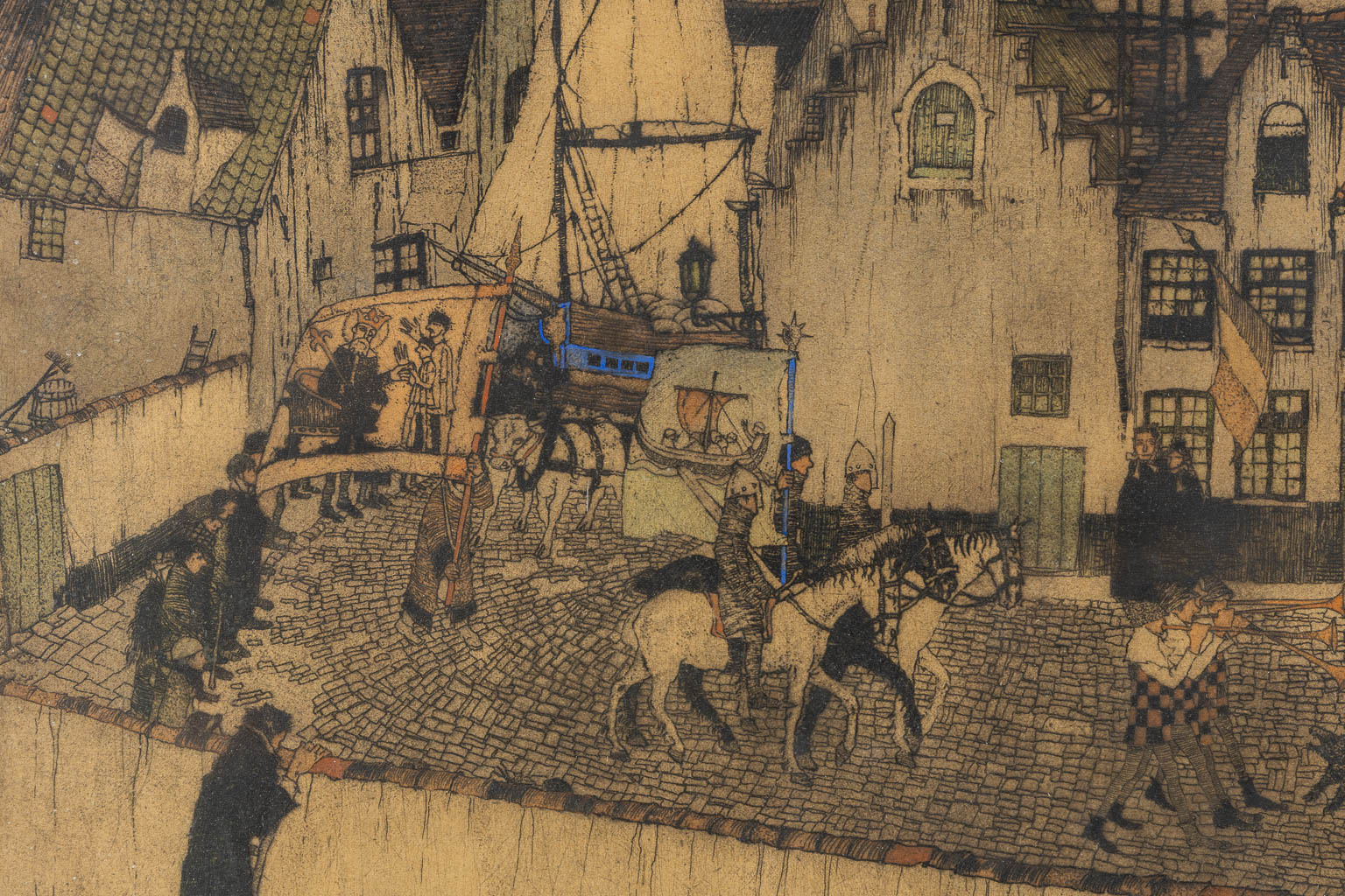 Jules FONTEYNE (1878-1964) 'Processie' een ingkleurde gravure.